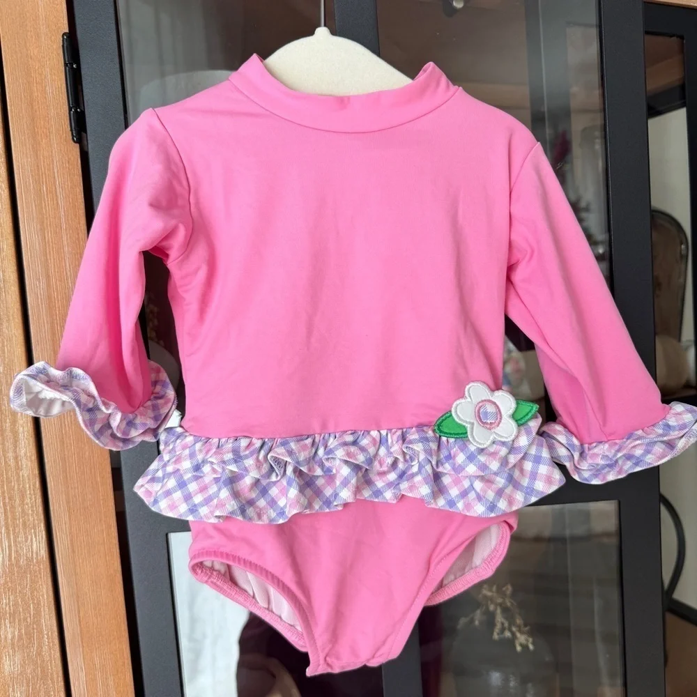 Florence Eiseman one piece swimsuit baby girl flower 3D gingham long sleeve